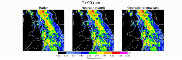 An example comparison of surface rain rates (in mm/hr) from the target rainfall radar data.